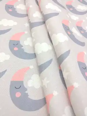 Bulut Desenli Bebek Odası Fon Perde Modelleri - Ay Dedeli- Füme-pembe-gri Açık
