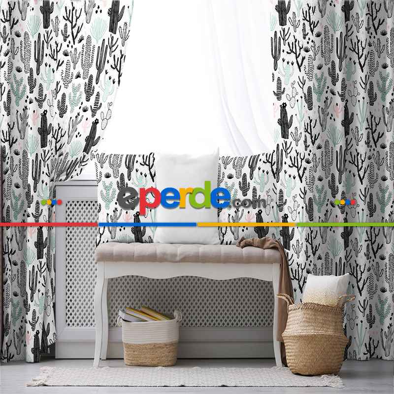 Kaktüs Desenli Fon Perde Evim694 Kumaşı Kalındır Duck Bezi Değildir- Mavi-beyaz
