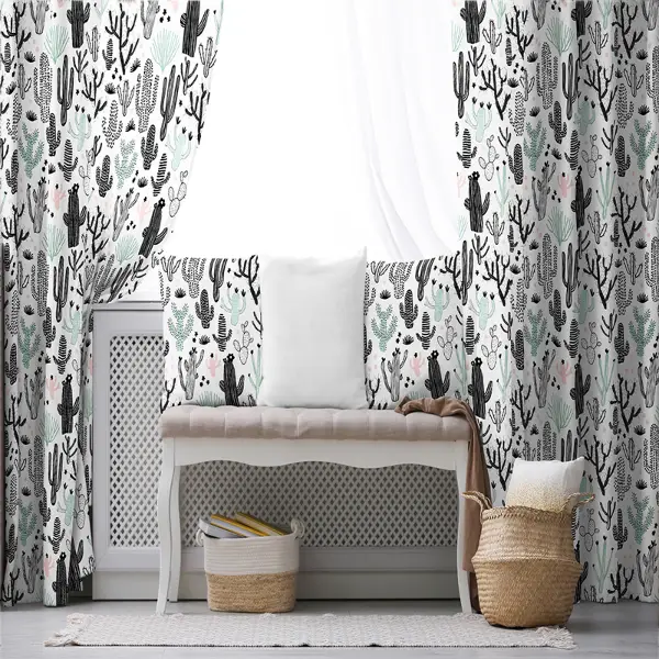 Çocuk Odası - Kaktüs Desenli Fon Perde Evim694 Kumaşı Kalındır Duck Bezi Değildir- Mavi-beyaz