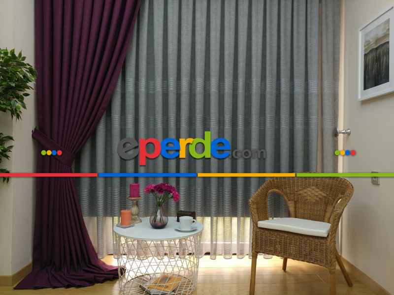 Keten Mor Düz Fon Perde- Mor