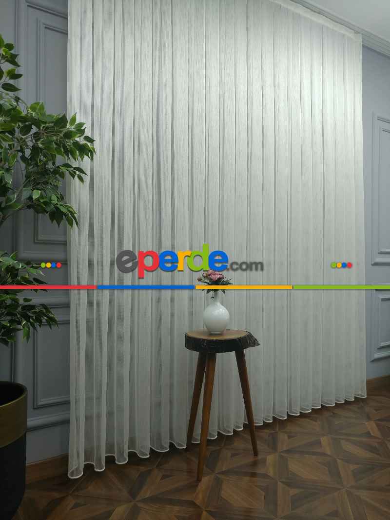 Mutfak - Çizgili Düz Tül Perde - Çelik Tül - Ütü İstemez- Ekru