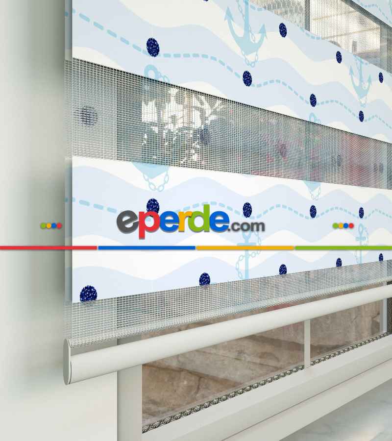 Çocuk Odası Zebra Perde - Çapa Baskılı Zebra Perde- Lacivert-Mavi-Beyaz