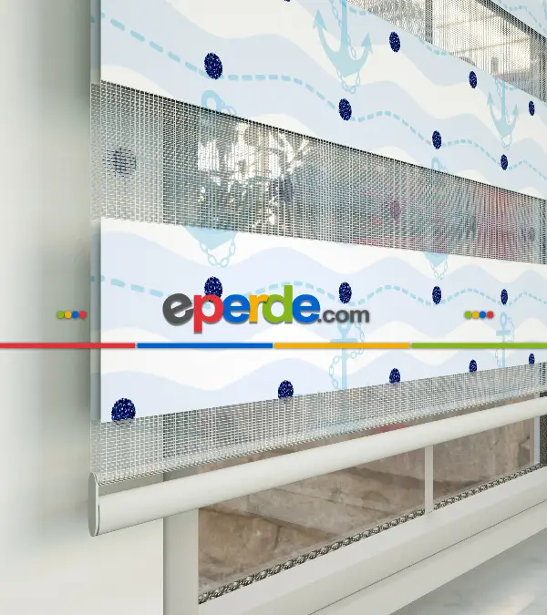 Bebek Odası Zebra Perde - Çapa Baskılı Zebra Perde- Lacivert-Mavi-Beyaz