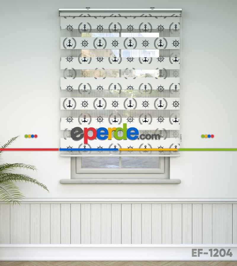 Bebek Odası Zebra Perde - Çapa Baskılı Zebra Perde- Mavi-Beyaz