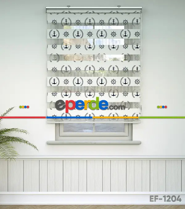 Bebek Odası Zebra Perde - Çapa Baskılı Zebra Perde- Mavi-Beyaz