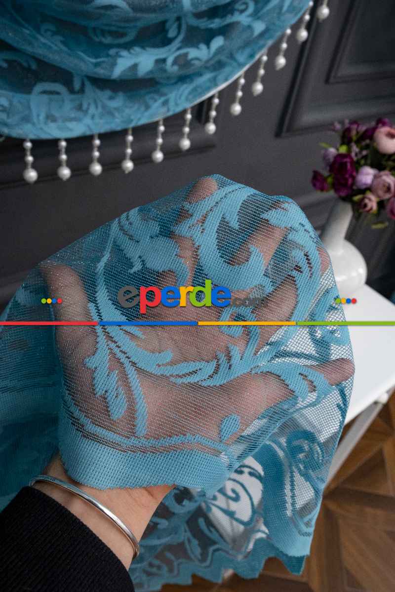 Petrol Mavi Sarmaşık Desen Tül Kruvaze Şal Tül Perde Yanki Tül - Düz Model Sipariş Seçeneği - Yatak Odası Tül