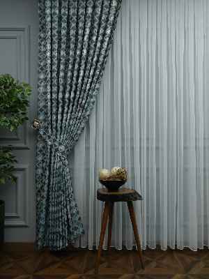 Turkuaz Desenli Jakar Fon Perde (180)- Petrol Mavisi