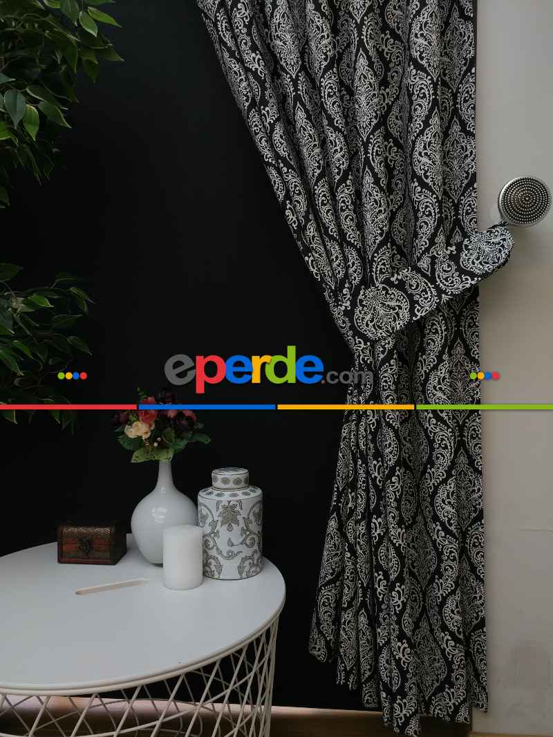 Salon Fon Perde - Damask Desenli Oturma Odası Fon Perde- Siyah