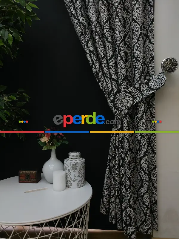 Yatak Odası - Damask Desenli Oturma Odası Fon Perde- Siyah