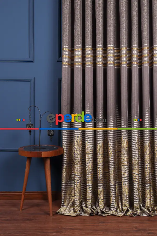Salon - Hawai Füme-gri-gold Pano Fon Perde