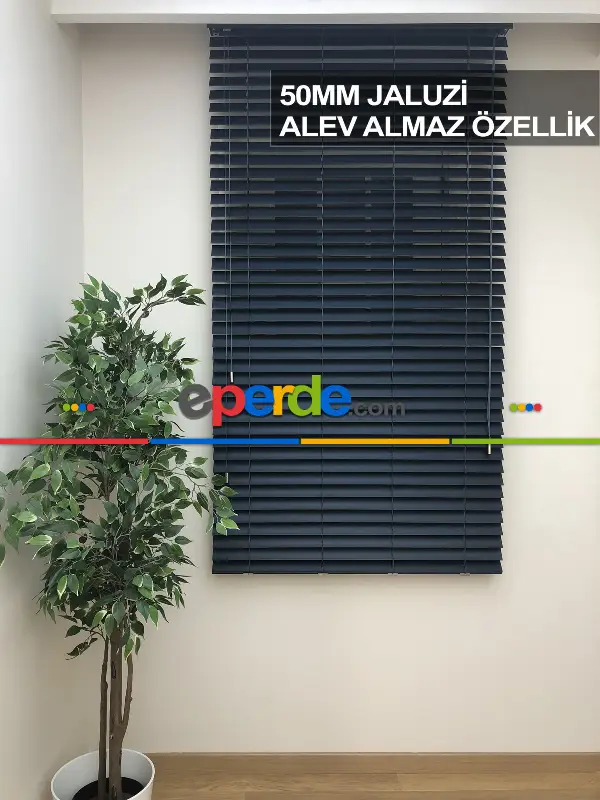 50mm Lacivert Ahşap Efektli Jaluzi Perde Alev Almaz Özellik- Lacivert