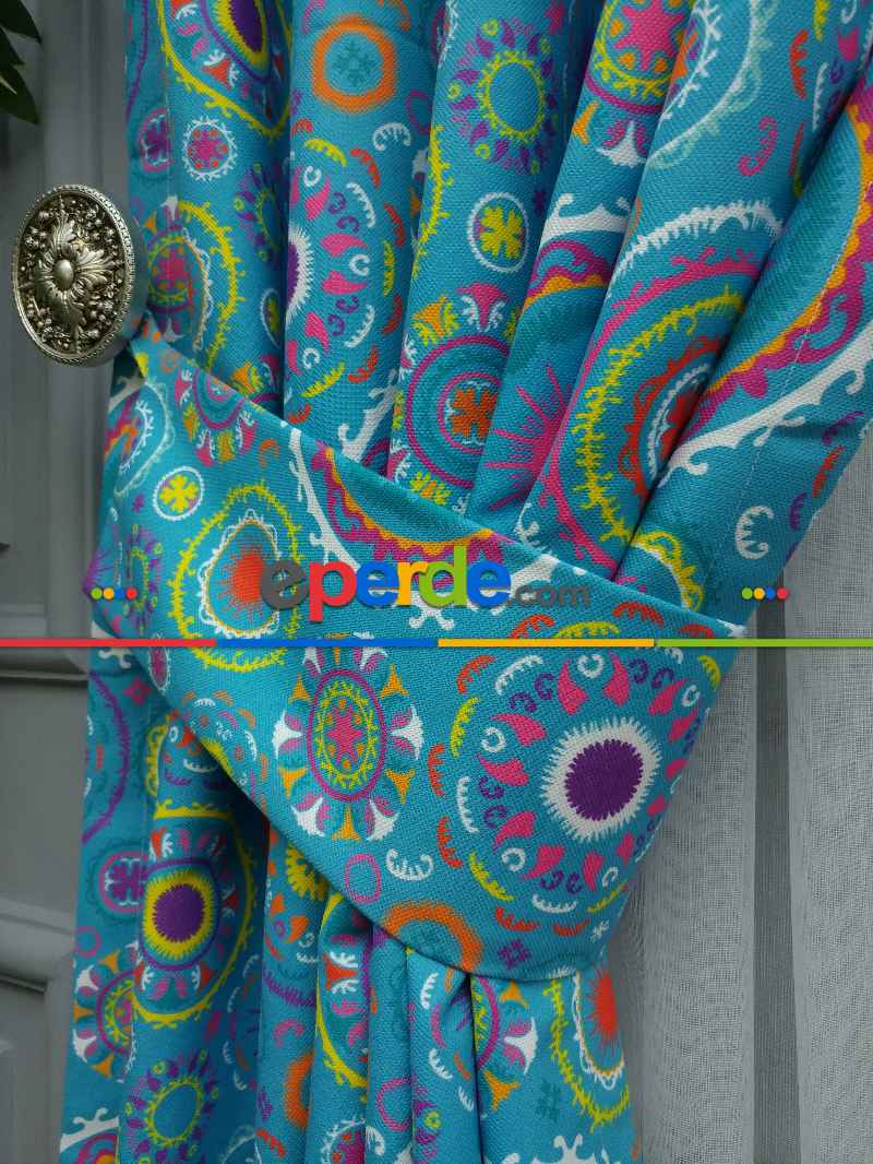 Osmanlı Mutfak Perdesi Kanat Fon Perde Desenli- Mavi