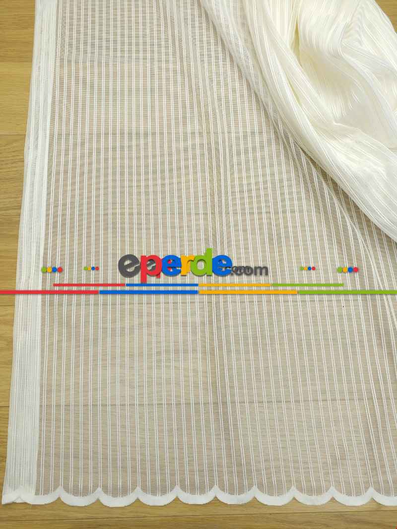 Çizgili Örme Jakarlı Tül Perde Kırık Beyaz
