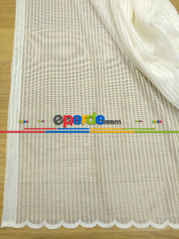 Çizgili Örme Jakarlı Tül Perde Kırık Beyaz