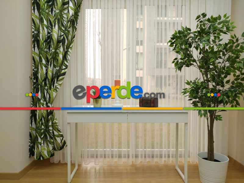 Mutfak Perdesi Kanat Fon Perde Yaprak Desenli- Yeşil