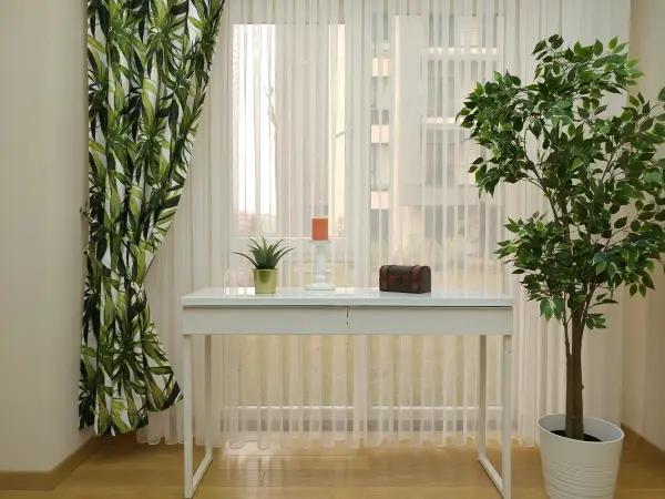 Tropikal Yapraklı Dekoratif Fon Perde Kumaşı- Kumaşı Kalındır- Yeşil-Beyaz