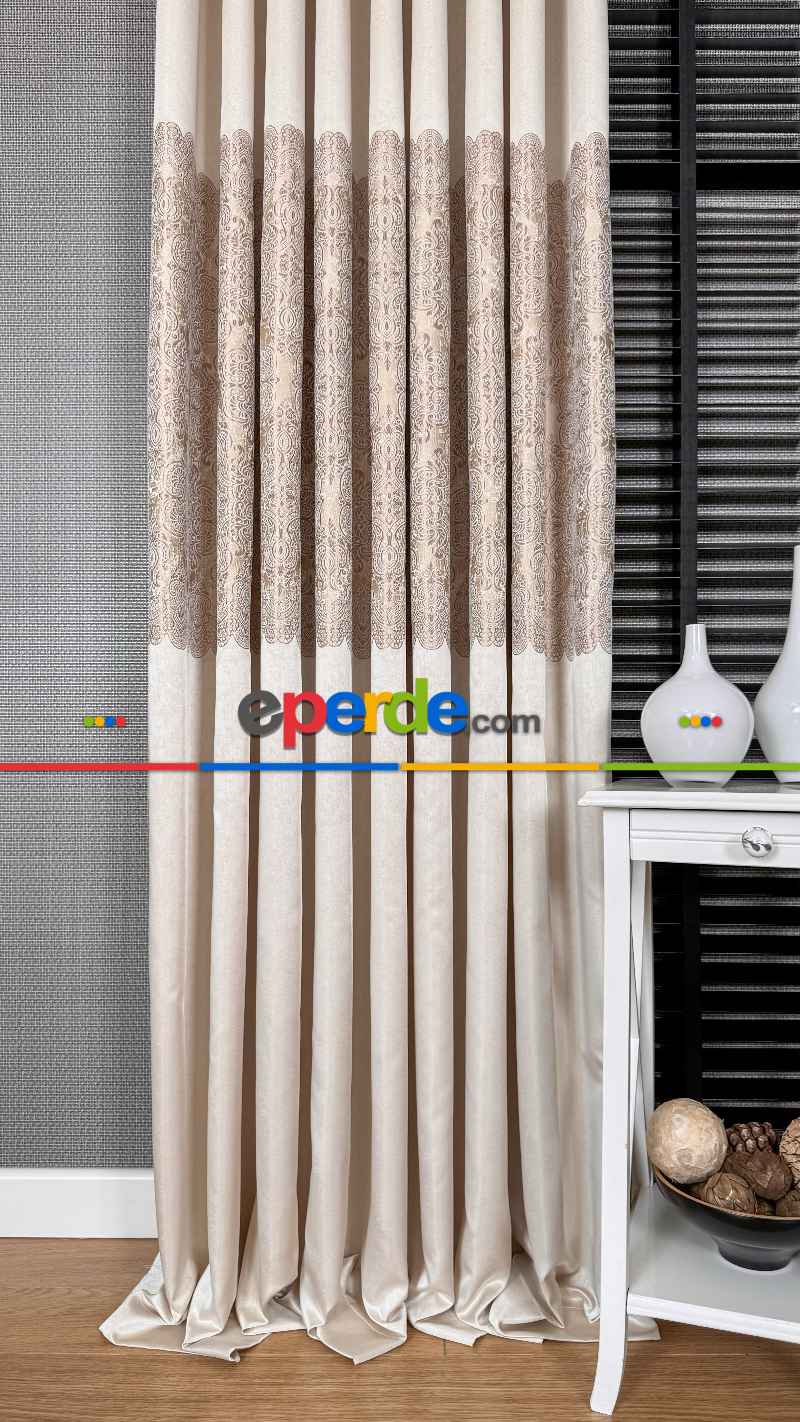 Krem Fon Perde, Damask Desenli