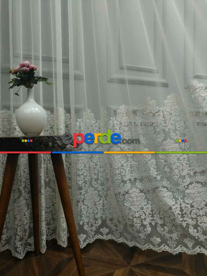 Salon Tül Perde - Eteği Duble Nakış İşlemeli Tül Perde Ikon 2021- Krem