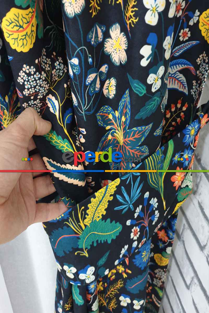 Mavi Çiçek Desenli Fon Perde Evm624 Kumaşı Kalındır Duck Bezi Değildir- Siyah-Mavi-Beyaz-Çok Renkli