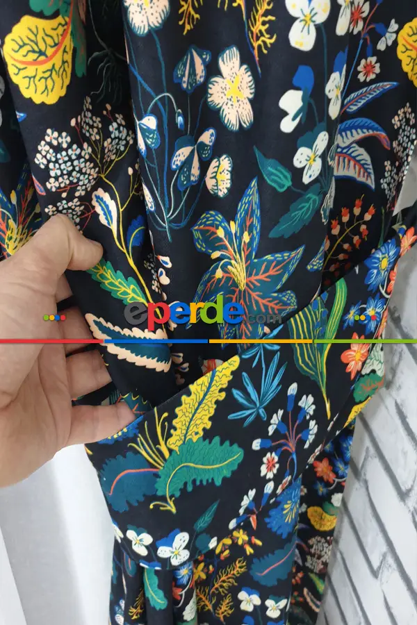 Mavi Çiçek Desenli Fon Perde Evm624 Kumaşı Kalındır Duck Bezi Değildir- Siyah-Mavi-Beyaz-Çok Renkli