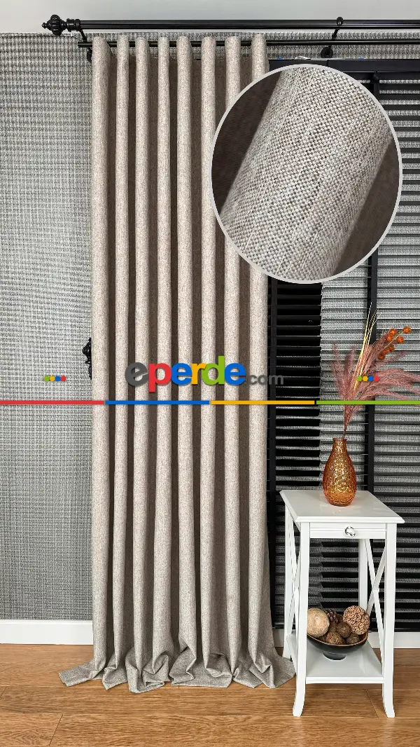 Bej Düz Naturel Keten S Pile Fon Perde, Premium Kalite Serisi Ağır Gramajlı