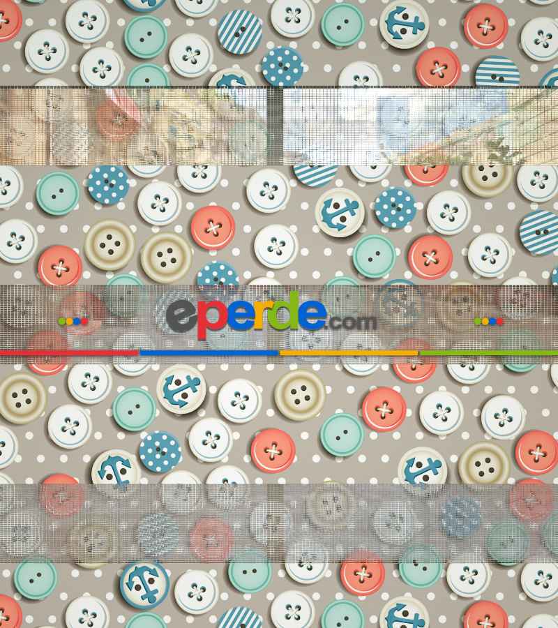 Renkli Düğmeler Baskılı Zebra Perde- Mavi-beyaz-turuncu-su Yeşili