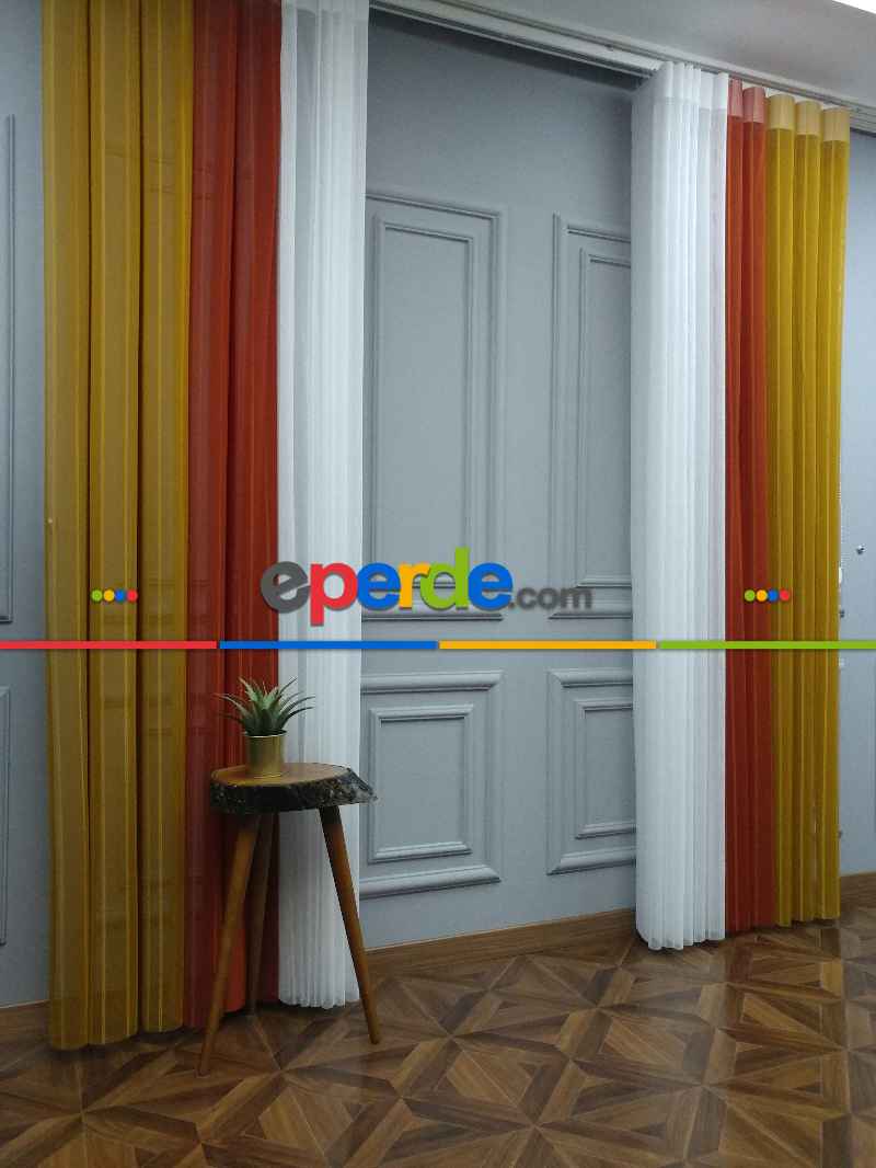 Lens Akıllı Dikey Tül Perde 115- Beyaz-kiremit Rengi-hardal