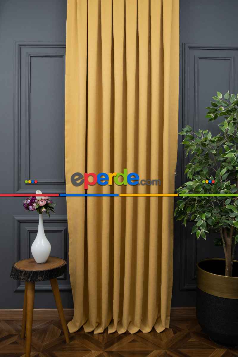 Hardal Düz Fon Perde Dökümlü Fon Perde