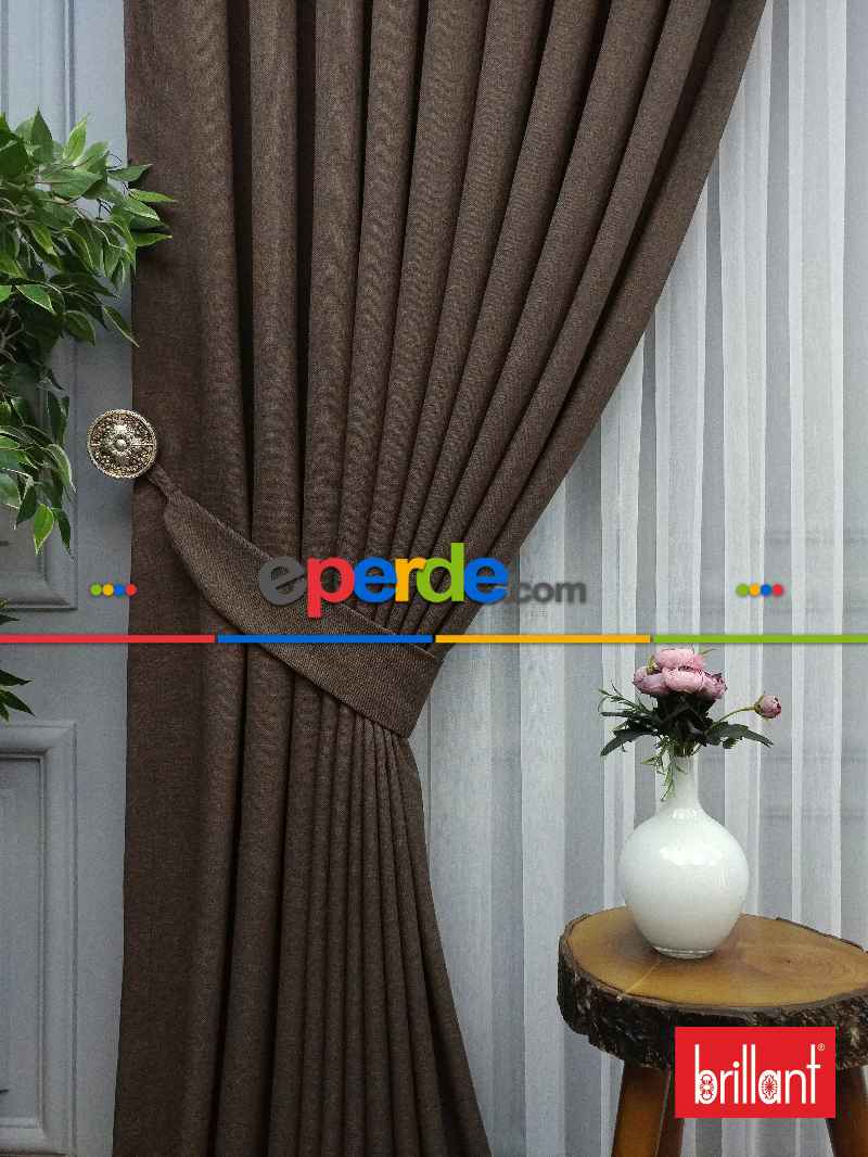 Brillant Keten Koyu Vizon Ceviz Renk Düz Fon Perde - Ceviz