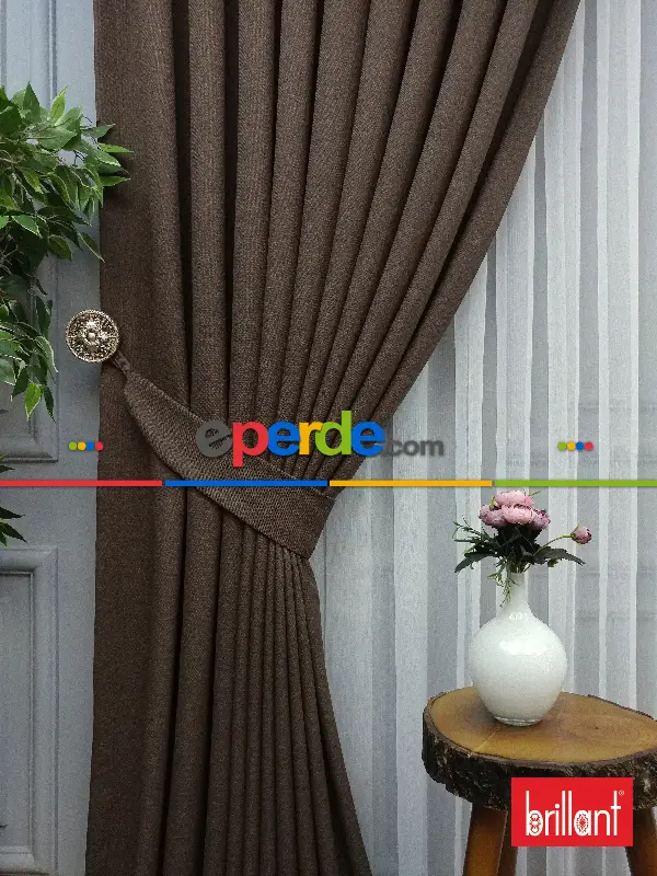 Yatak Odası - Brillant Keten Koyu Vizon Ceviz Renk Düz Fon Perde - Ceviz
