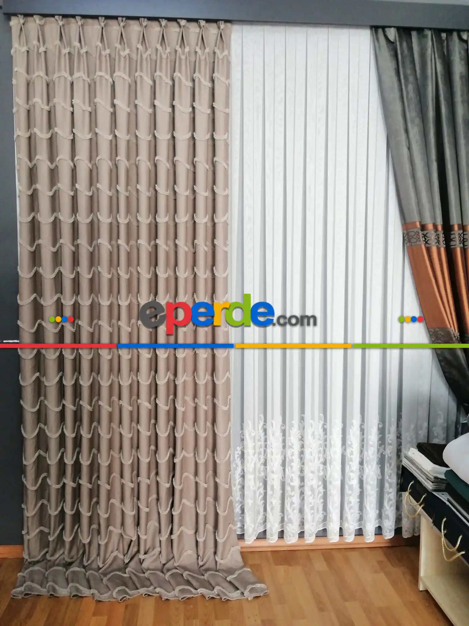 Sultan Desenli Keten Fon Perde - Antrasit