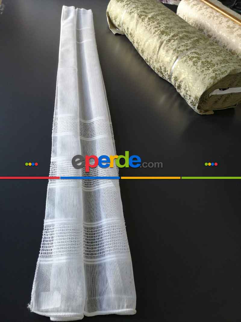 Salon - Bambu Vakko Enine Bantlı Tül Ekru