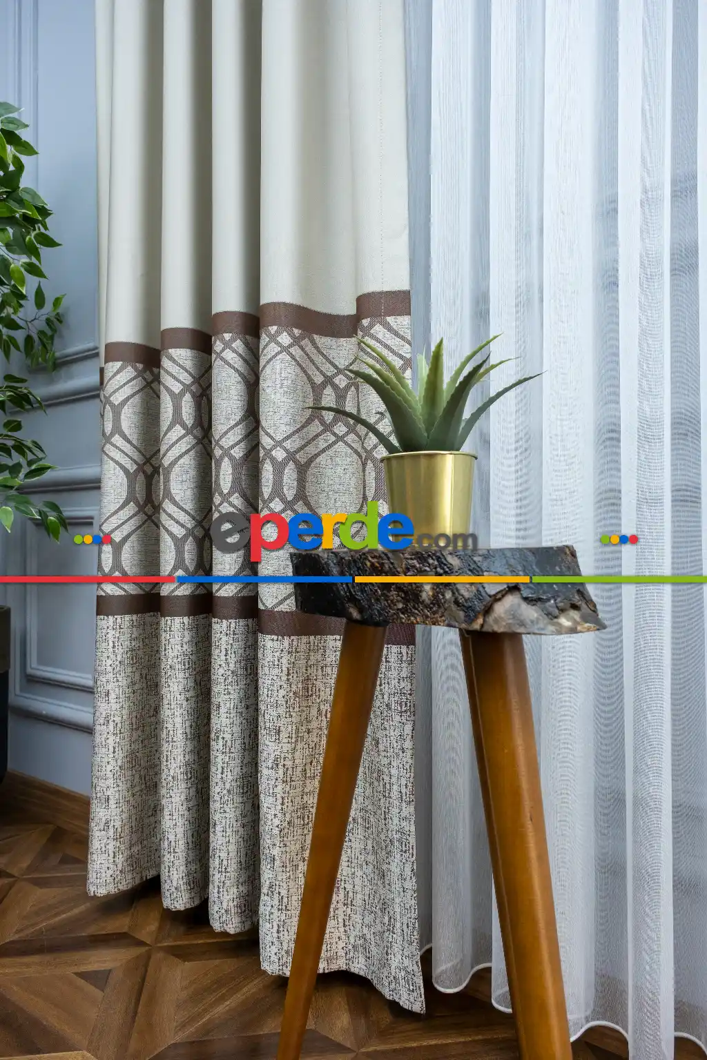 Modern Pano Fon Perde Bantlı Çift Renk - 503- Bej-kahve-taş Rengi
