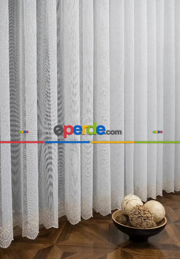 Salon Tül Perde - Şehrazat Fransız Danteli Etek Ucu Gold Nakışlı Örme Tül