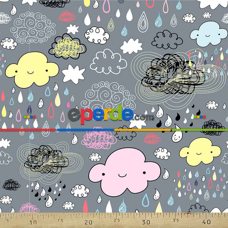 Bulut Ve Damla Desenli Fon Perde Evm680 Kumaşı Kalındır Duck Bezi Değildir- Siyah-Gri-Füme-Antrasit-Sarı