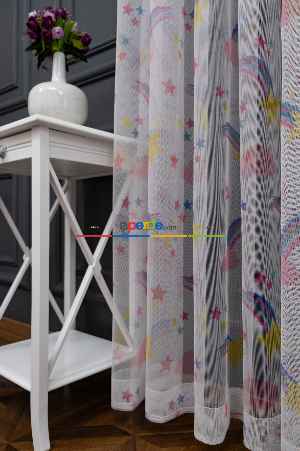 Hazır Ölçülü Petek Zemin Mavi Ve Yeşil Renkli Gökkuşağı Desenli Grek Baskılı Tül Perde