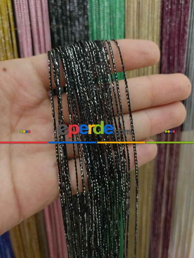 Siyah Rengi İp Perde İnce Zincir Simli Serisi- Siyah-gümüş