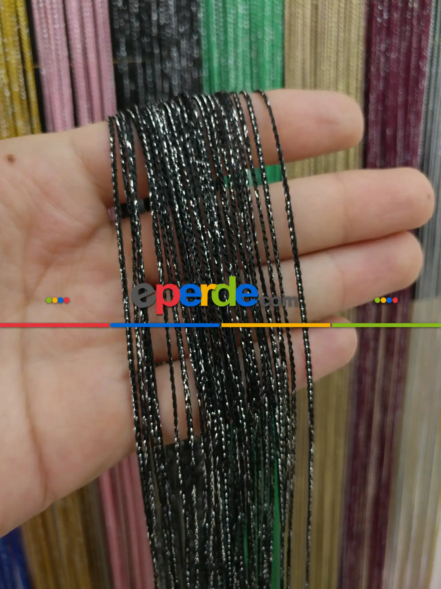 Siyah Rengi İp Perde İnce Zincir Simli Serisi- Siyah-gümüş