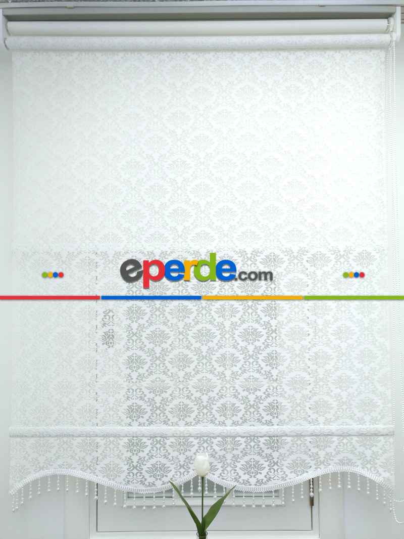 Jakar Örme Tül-alvina 801 Ekru Çiftli Sistem Dantel Desenli Perde- Beyaz