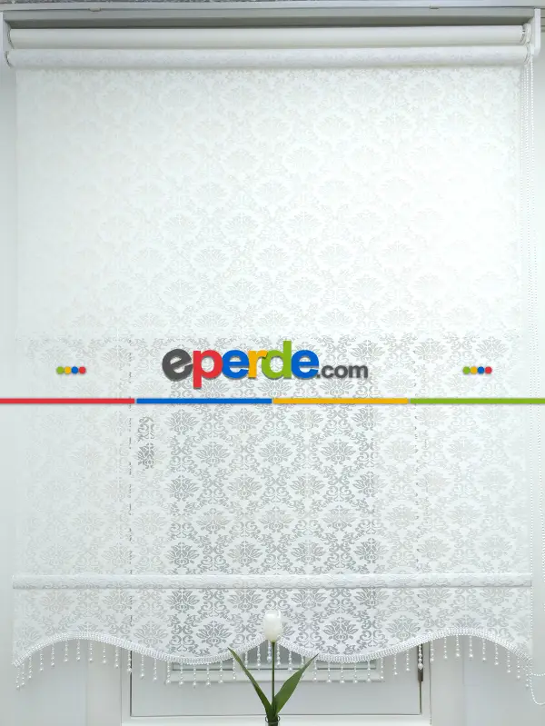 Jakar Örme Tül-alvina 801 Ekru Çiftli Sistem Dantel Desenli Perde- Beyaz