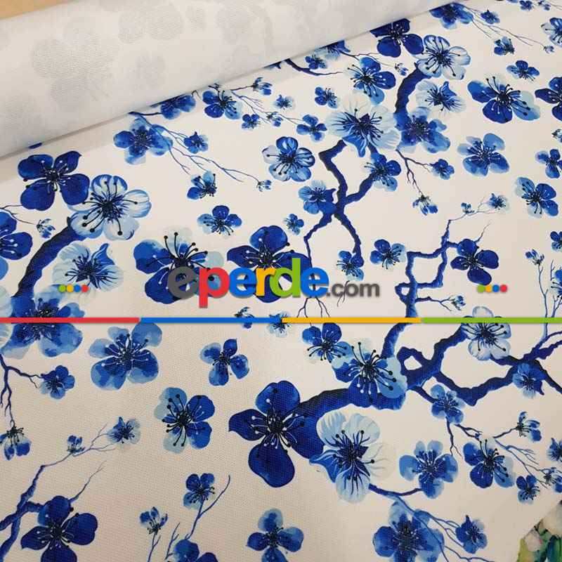 Çiçek Desenli Fon Perde Evm1515 Kumaşı Kalındır Duck Bezi Değildir- Mavi