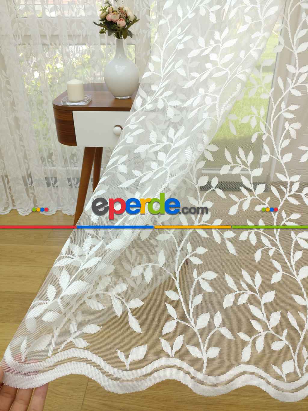 Sarmaşık Yaprak Desenli Özel Örme Dokulu Tül Perde - Ekru