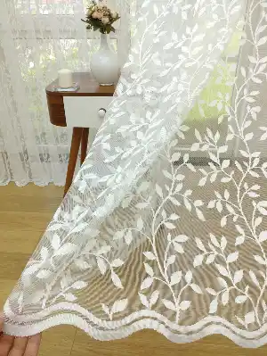 Sarmaşık Yaprak Desenli Özel Örme Dokulu Tül Perde - Ekru