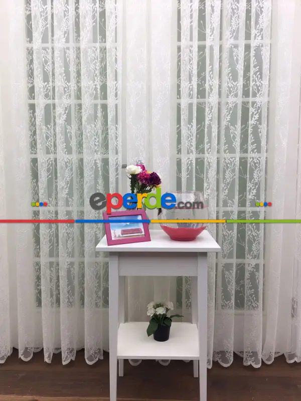 Spor Sarmaşık Desenli Tül Perde - Kruvaze Model Dikiş Seçenekli - Örme Tüldür - Ütü İstemez