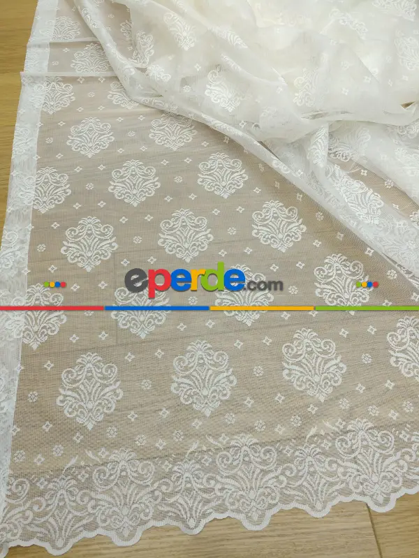 Serpme Damask Desenli Özel Örme Dokulu Tül Perde- Ekru