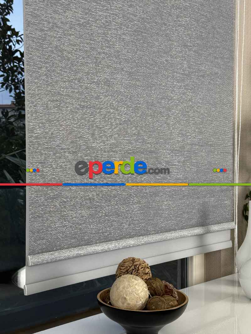 Gri Çiftli Sistem Tül Stor Perde, Standart Metal Kasalı Yüksek Kalite Kornişe Kolay Montaj Seçenekli