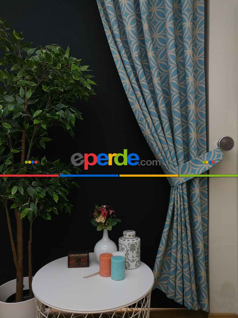 Dairesel Desenli Yatak Odası Fon Perde- Turkuaz