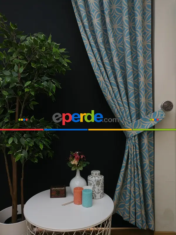 Salon Fon Perde - Dairesel Desenli Yatak Odası Fon Perde- Turkuaz