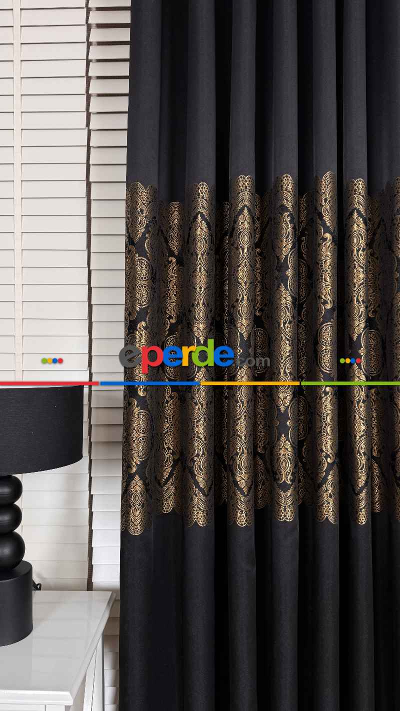 Siyah Altın Fon Perde, Damask Desenli, Pano Fon Perde