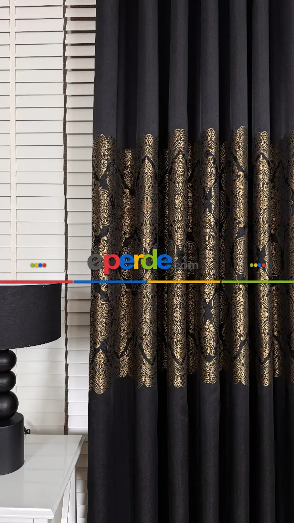 Siyah Altın Fon Perde, Damask Desenli, Pano Fon Perde